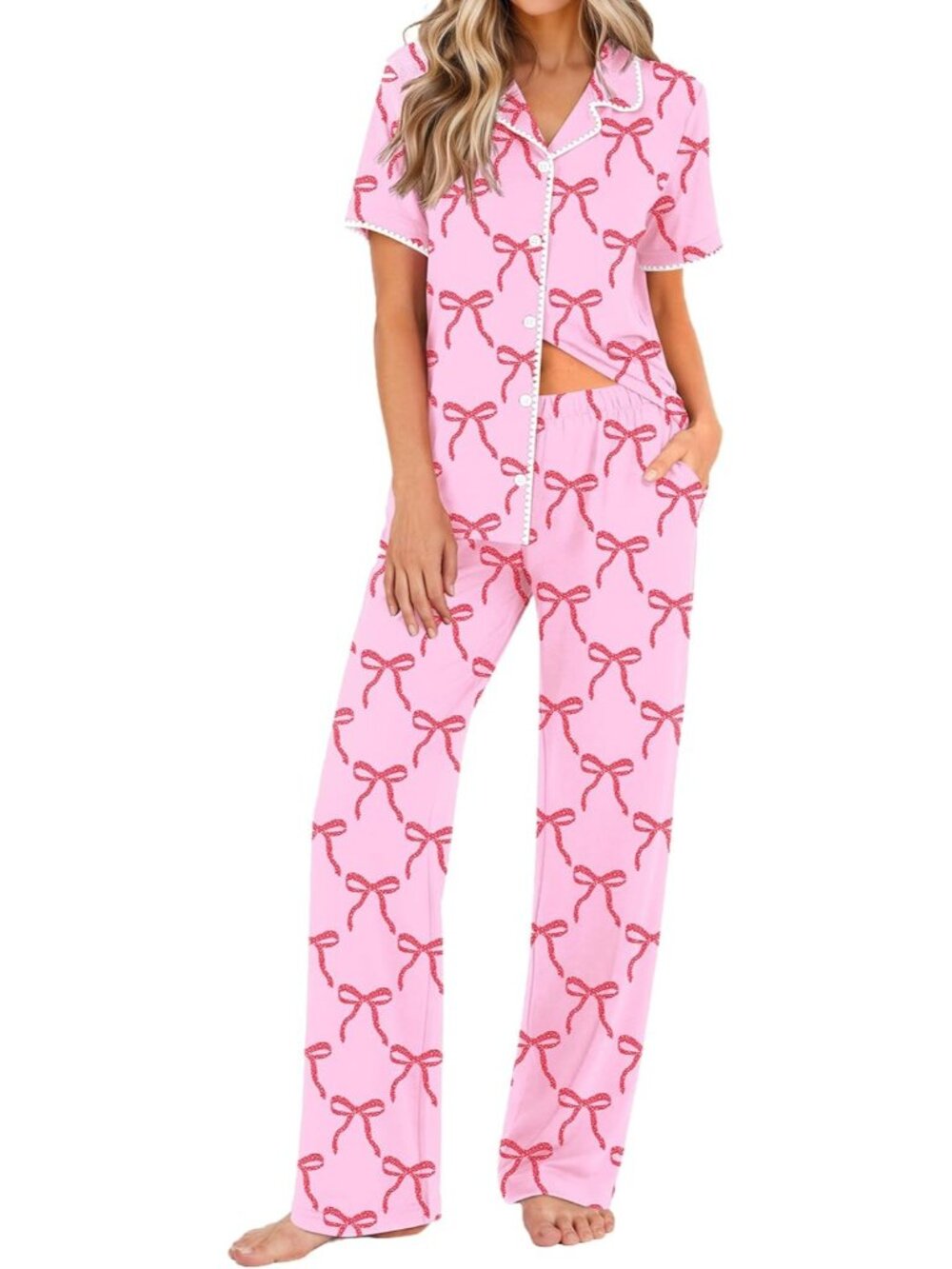 Women's Pink Bow Knot Button Down Short Sleeve Shirt Loungewear Pajamas Set